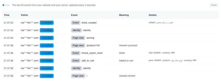 جدول «Live debugger» با ستون‌های «Time»، «Visitor»، «Event»، «Meaning» و «Details»؛ رویدادهایی مثل add_to_cart و ticket_created با جزئیات فارسی.