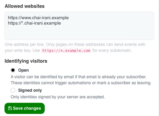تنظیمات زبانه‌ی «Install»: «Allowed websites» با دو آدرس سایت و «Identifying visitors» با گزینه‌های «Open» و «Signed only».