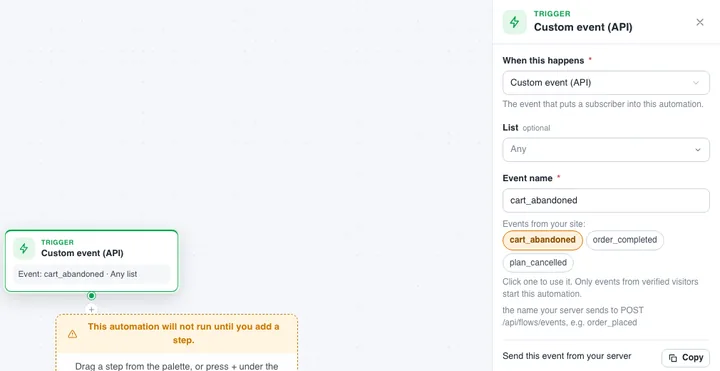 تریگر «Custom event (API)» روی بوم اتوماسیون؛ زیر «Events from your site:» رویدادهای cart_abandoned، order_completed و plan_cancelled، و cart_abandoned انتخاب شده است.