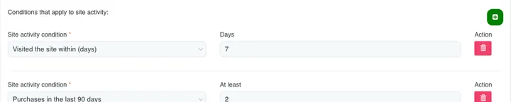 بخش «Conditions that apply to site activity:» در فرم سگمنت با دو شرط «Visited the site within (days)» برابر ۷ و «Purchases in the last 90 days» حداقل ۲.